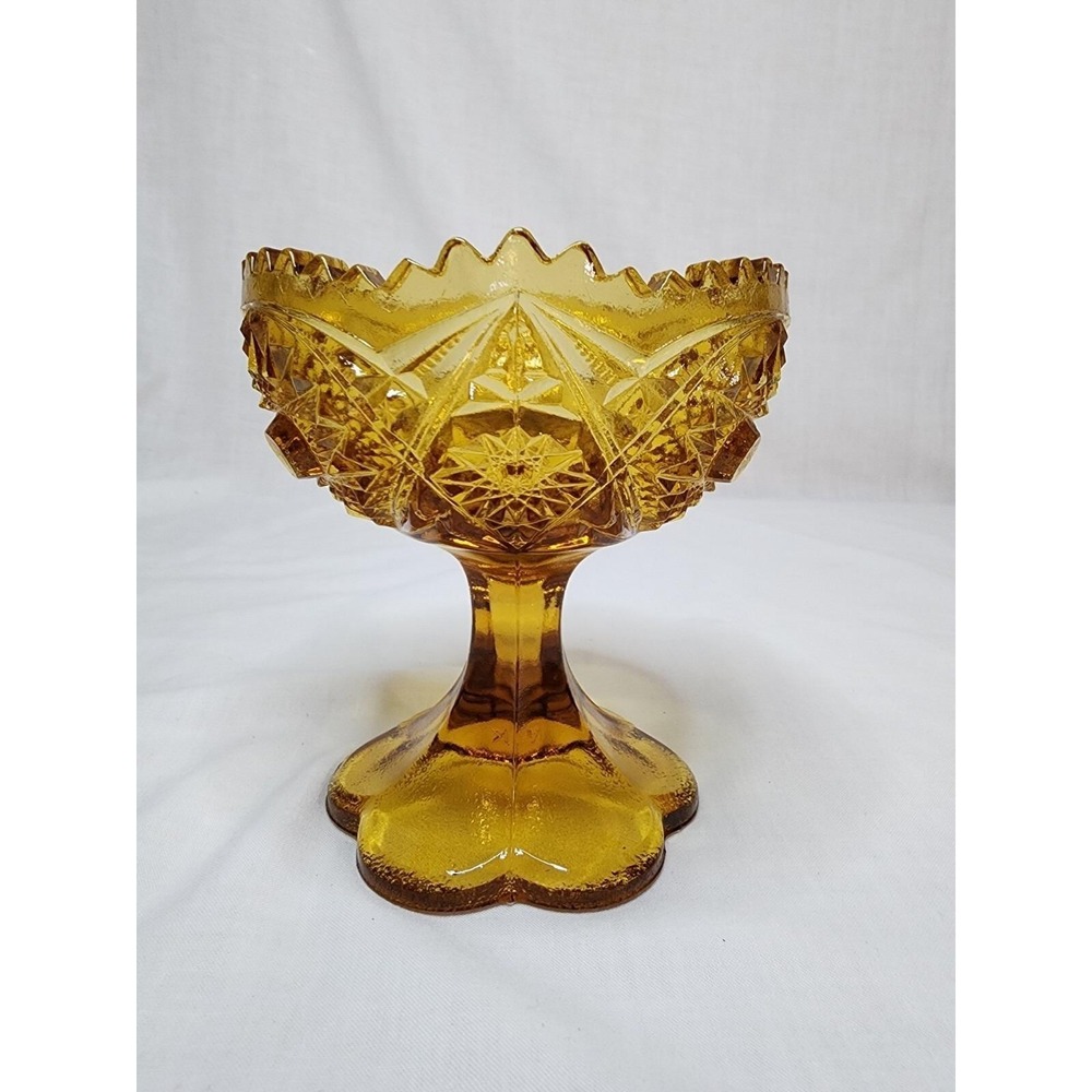 KEMPER WHEATON Amber Glass‎ Saw Tooth Rim Pedestal Compote Candy Dish KW Marked